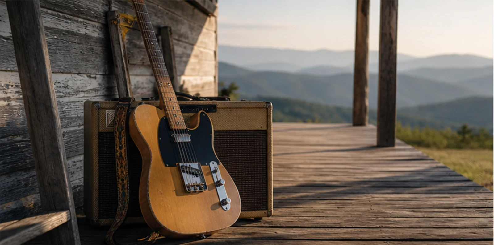 Vintage electric guitar and amplifier on a wooden porch overlooking blue mountain ridges