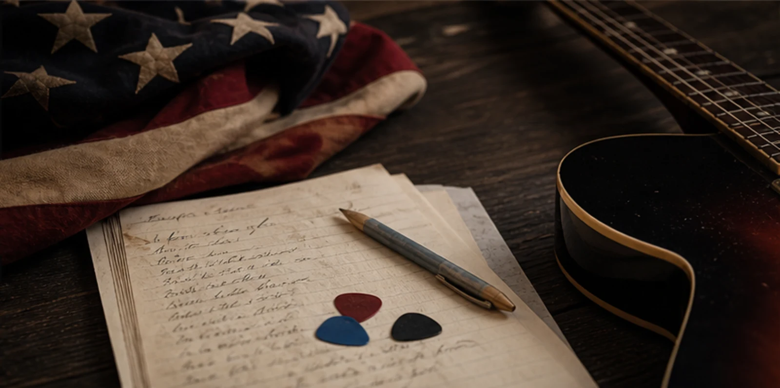 Handwritten song notes, guitar picks, and a folded American flag on a dark wood table