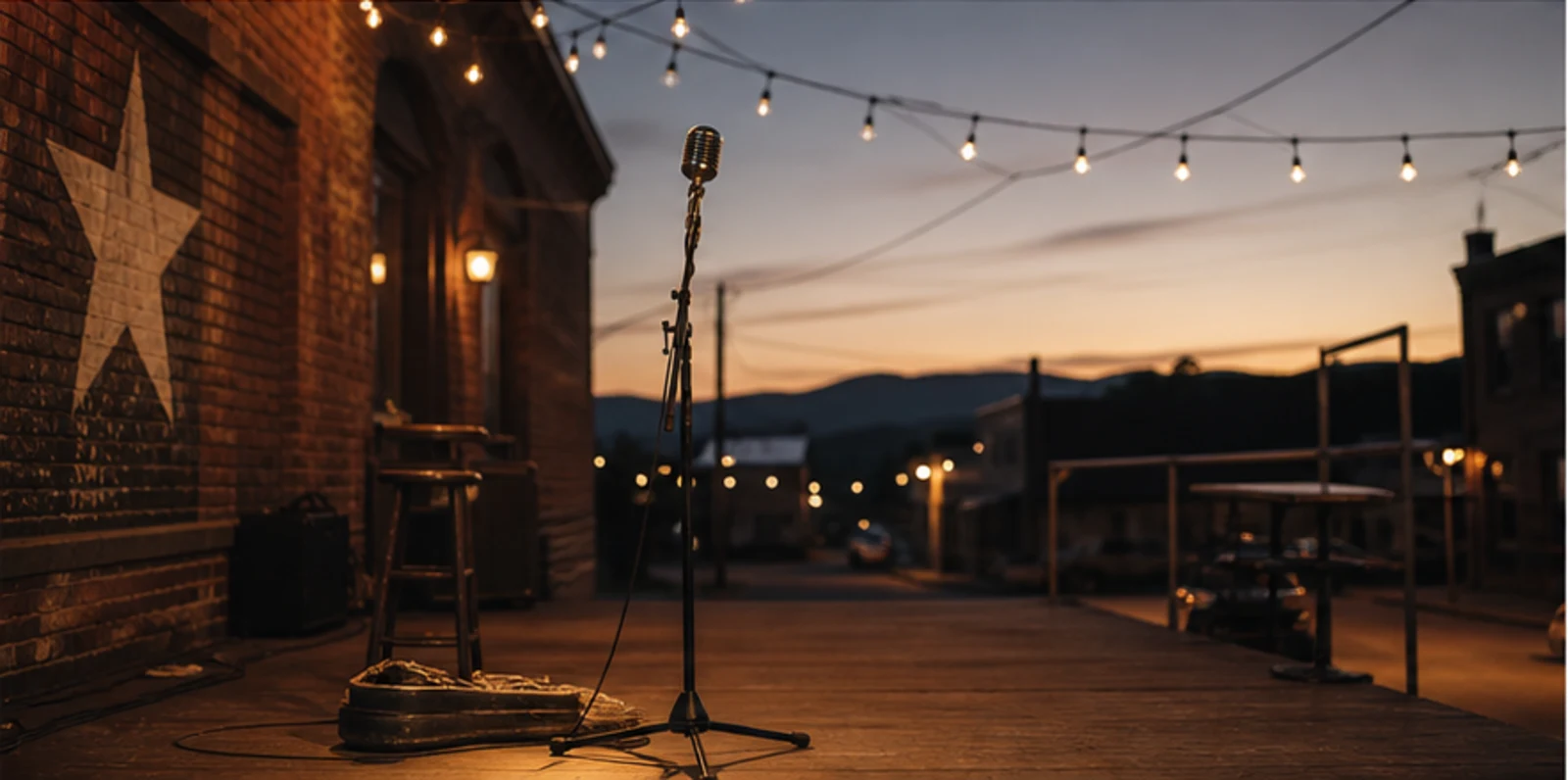 Outdoor microphone stand under warm string lights in a small mountain town